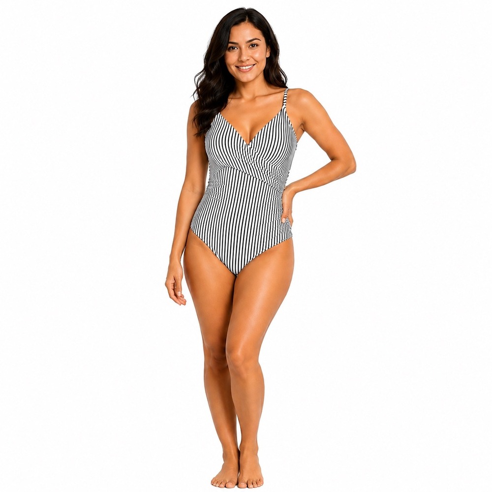 Black White Striped One Piece Swimsuit Wrap V-Neck Ruched Size L